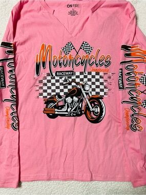 On Fire Pink Long-Sleeve Motorcycle Graphic Tee with Orange & Black Accents